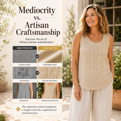 🍃☁️ -50 % ! 🌿 Débardeur brodé en mélange coton et lin – Respirant et léger – Confort tout au long de la journée.