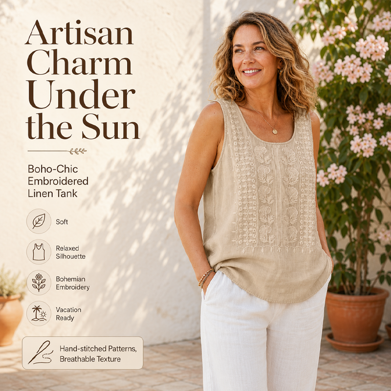 🍃☁️ -50 % ! 🌿 Débardeur brodé en mélange coton et lin – Respirant et léger – Confort tout au long de la journée.