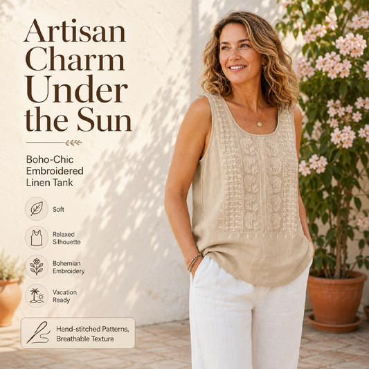 🍃☁️ -50 % ! 🌿 Débardeur brodé en mélange coton et lin – Respirant et léger – Confort tout au long de la journée.
