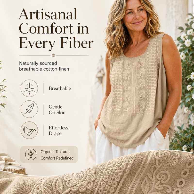 🍃☁️ -50 % ! 🌿 Débardeur brodé en mélange coton et lin – Respirant et léger – Confort tout au long de la journée.