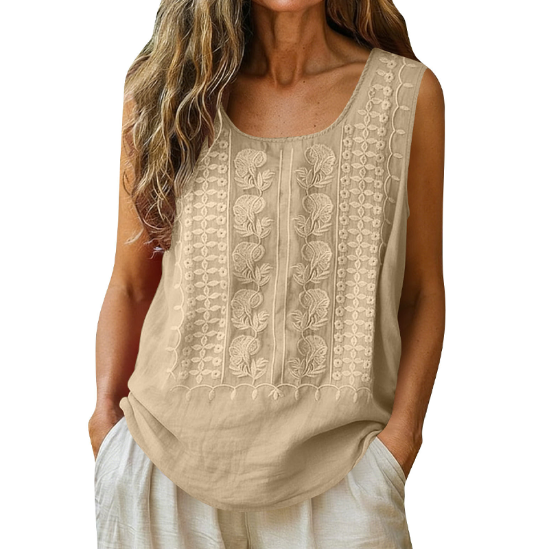 🍃☁️ -50 % ! 🌿 Débardeur brodé en mélange coton et lin – Respirant et léger – Confort tout au long de la journée.