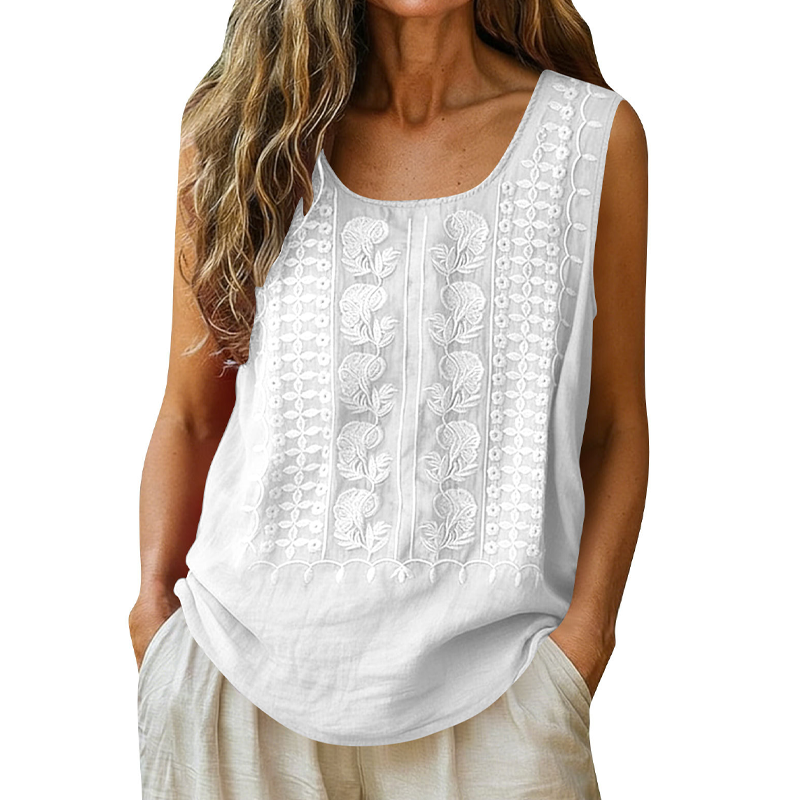 🍃☁️ -50 % ! 🌿 Débardeur brodé en mélange coton et lin – Respirant et léger – Confort tout au long de la journée.