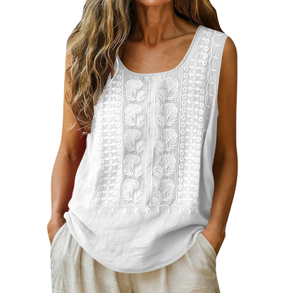 🍃☁️ -50 % ! 🌿 Débardeur brodé en mélange coton et lin – Respirant et léger – Confort tout au long de la journée.