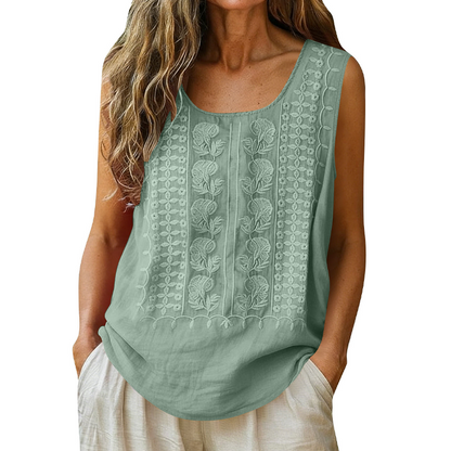 🍃☁️ -50 % ! 🌿 Débardeur brodé en mélange coton et lin – Respirant et léger – Confort tout au long de la journée.