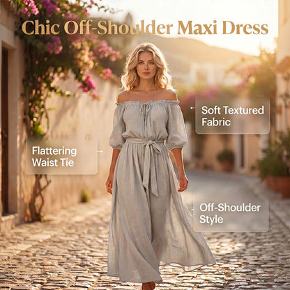 🌸 50% DE RÉDUCTION! 👗 Robe Maxi Épaules Dénudées – Taille cinée, fluide & romantique – Idéale pour l'été et les vacances ☀️