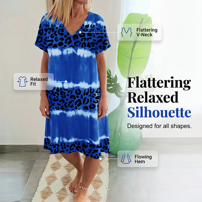 Robe Col V Casual Imprimé Tie-Dye Léopard Femme