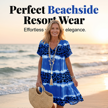 Robe Col V Casual Imprimé Tie-Dye Léopard Femme