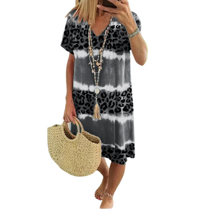 Robe Col V Casual Imprimé Tie-Dye Léopard Femme