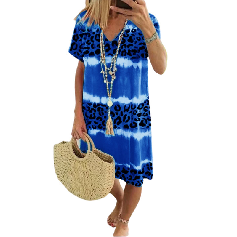 Robe Col V Casual Imprimé Tie-Dye Léopard Femme