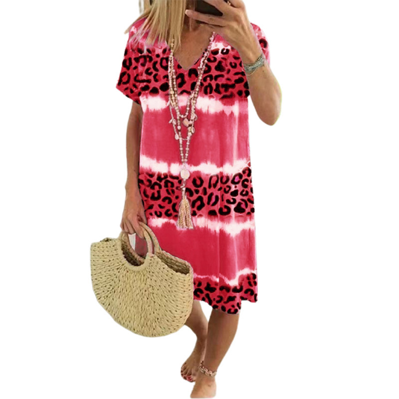 Robe Col V Casual Imprimé Tie-Dye Léopard Femme