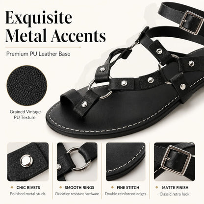 ❄️👡 Sandales plates à brides pour femmes, style gladiateur, avec rivets et bride à la cheville et entre-doigts, chaussures de plage