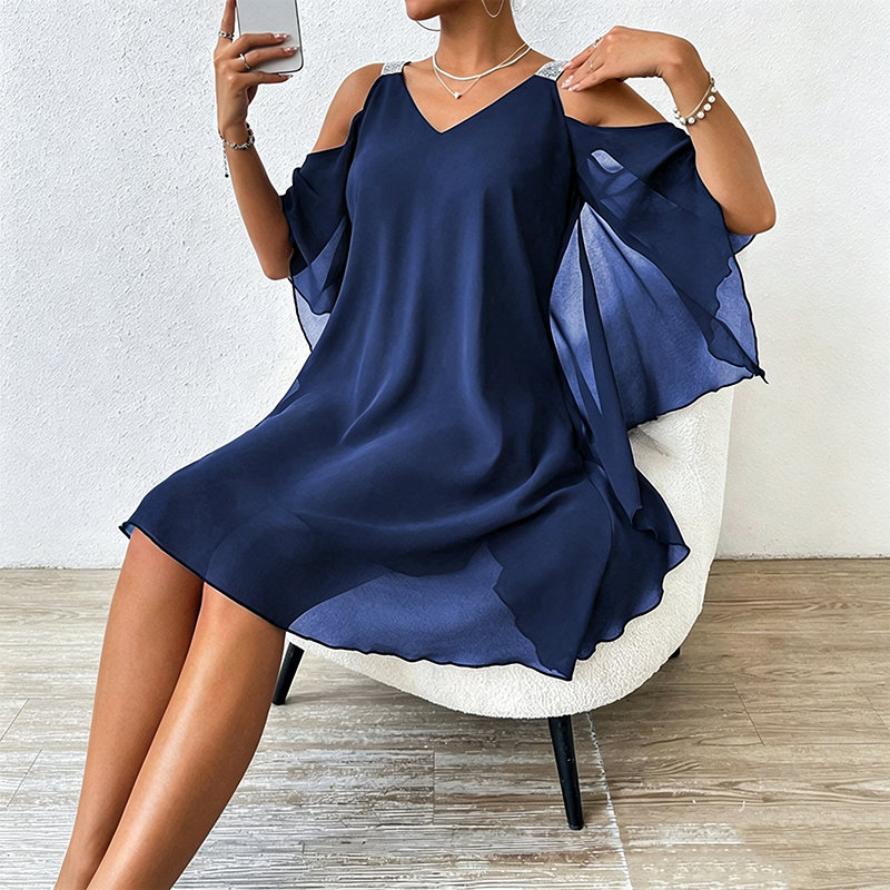 Robe fluide à encolure en V et épaules dénudées pour femme