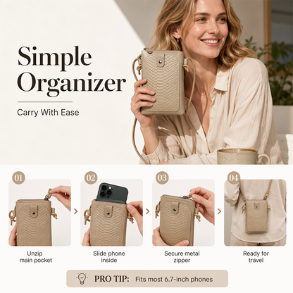 Leather Crossbody Phone Bag with Elegant Crocodile Pattern for Women