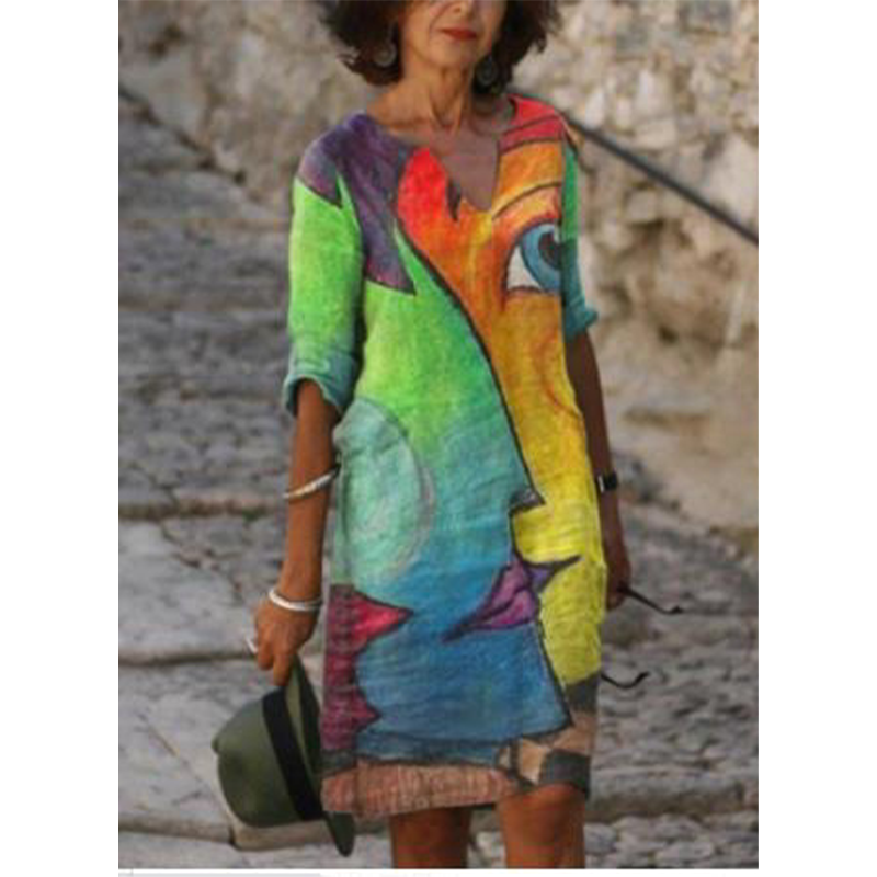 Robe décontractée à imprimé et col en V pour femme