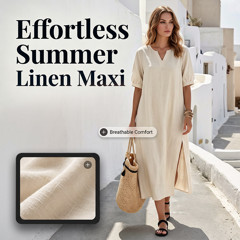 👗 Robe longue en lin à col en V avec fentes sur les côtés