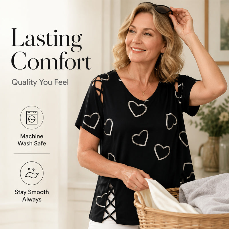 💖👚 -50% | T-Shirt Femme Grande Taille à Imprimé Cœur – Manches Courtes, Détails Découpés & Liens, Coupe Ample et Décontractée