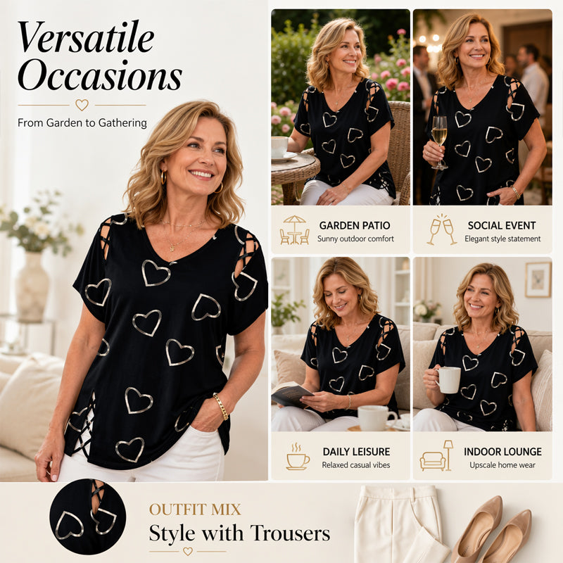 💖👚 -50% | T-Shirt Femme Grande Taille à Imprimé Cœur – Manches Courtes, Détails Découpés & Liens, Coupe Ample et Décontractée