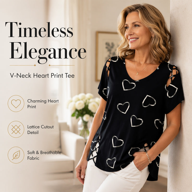 💖👚 -50% | T-Shirt Femme Grande Taille à Imprimé Cœur – Manches Courtes, Détails Découpés & Liens, Coupe Ample et Décontractée