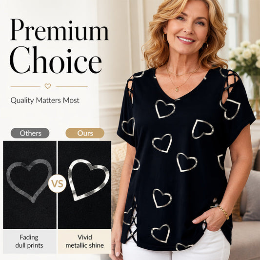 💖👚 -50% | T-Shirt Femme Grande Taille à Imprimé Cœur – Manches Courtes, Détails Découpés & Liens, Coupe Ample et Décontractée