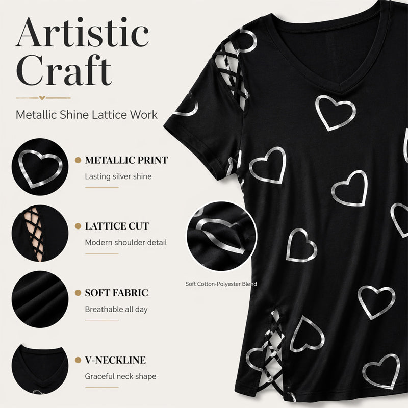 💖👚 -50% | T-Shirt Femme Grande Taille à Imprimé Cœur – Manches Courtes, Détails Découpés & Liens, Coupe Ample et Décontractée