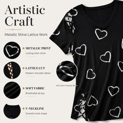 💖👚 -50% | T-Shirt Femme Grande Taille à Imprimé Cœur – Manches Courtes, Détails Découpés & Liens, Coupe Ample et Décontractée