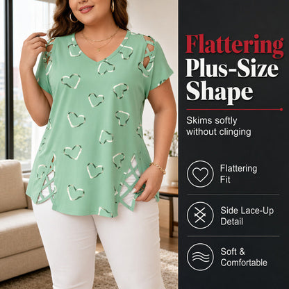 💖👚 -50% | T-Shirt Femme Grande Taille à Imprimé Cœur – Manches Courtes, Détails Découpés & Liens, Coupe Ample et Décontractée