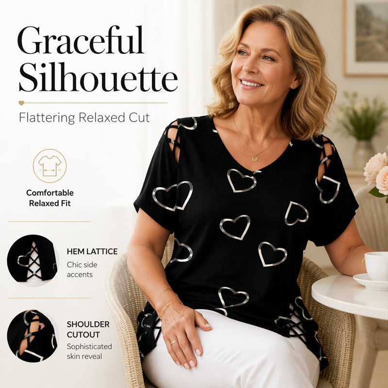 💖👚 -50% | T-Shirt Femme Grande Taille à Imprimé Cœur – Manches Courtes, Détails Découpés & Liens, Coupe Ample et Décontractée