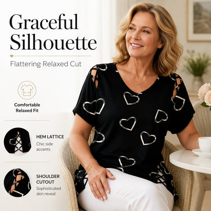 💖👚 -50% | T-Shirt Femme Grande Taille à Imprimé Cœur – Manches Courtes, Détails Découpés & Liens, Coupe Ample et Décontractée