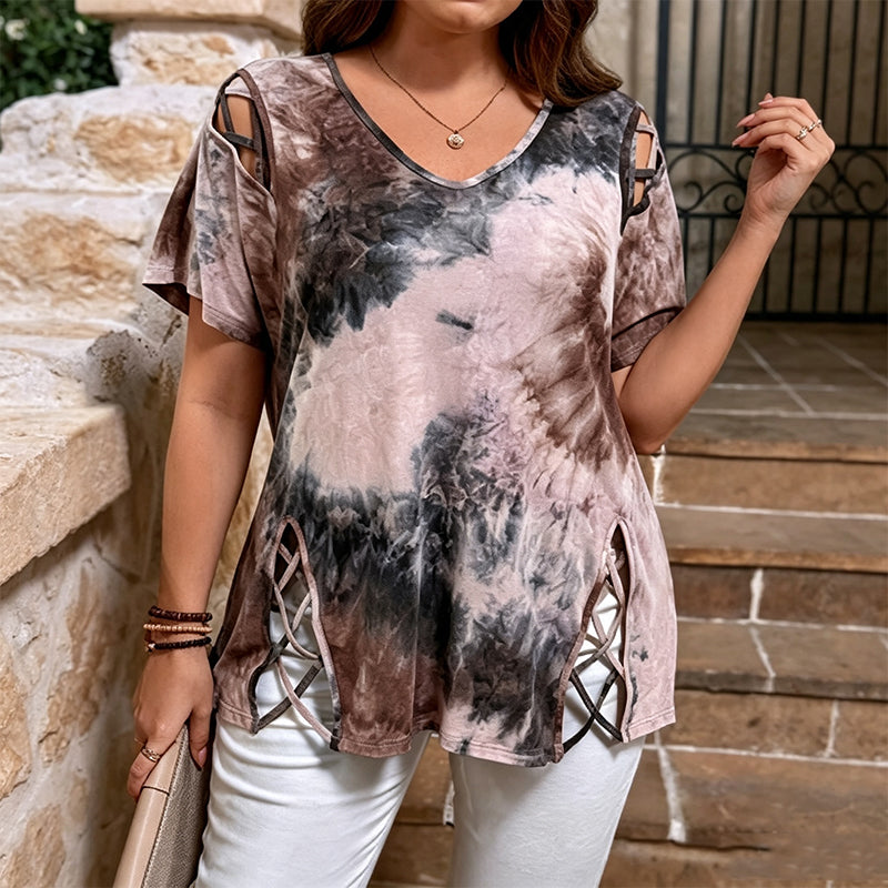 💖👚 -50% | T-Shirt Femme Grande Taille à Imprimé Cœur – Manches Courtes, Détails Découpés & Liens, Coupe Ample et Décontractée