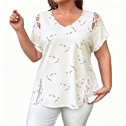 💖👚 -50% | T-Shirt Femme Grande Taille à Imprimé Cœur – Manches Courtes, Détails Découpés & Liens, Coupe Ample et Décontractée