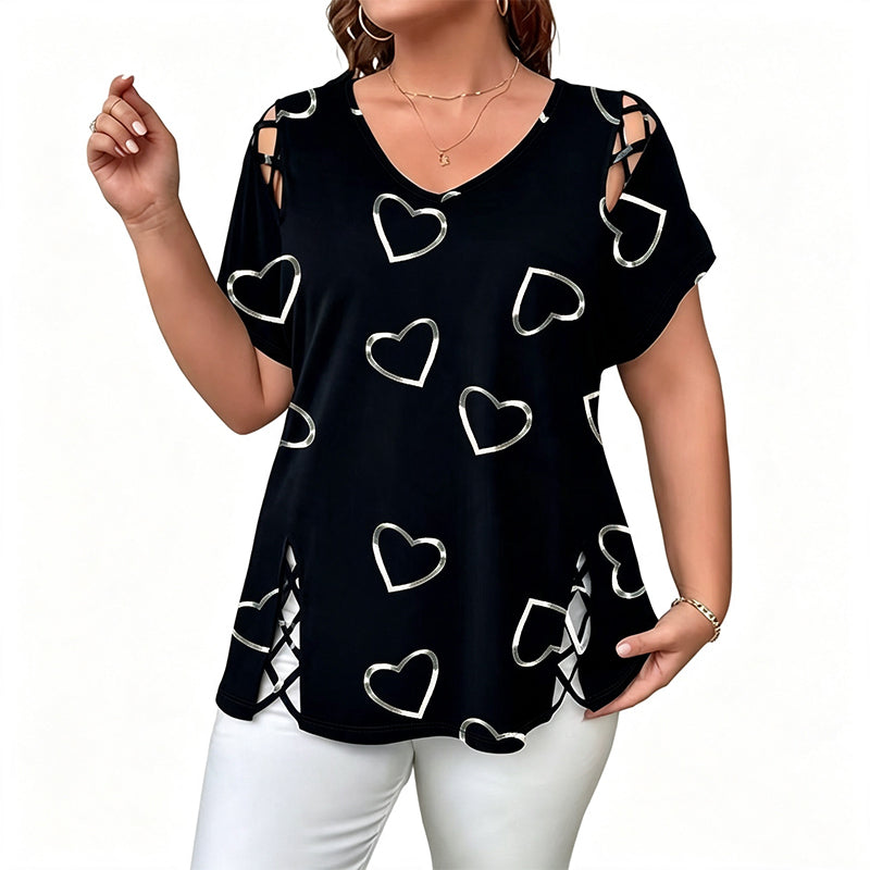💖👚 -50% | T-Shirt Femme Grande Taille à Imprimé Cœur – Manches Courtes, Détails Découpés & Liens, Coupe Ample et Décontractée