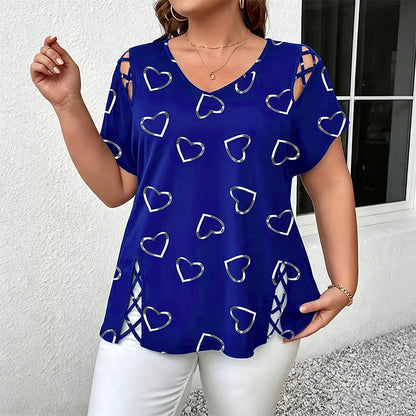 💖👚 -50% | T-Shirt Femme Grande Taille à Imprimé Cœur – Manches Courtes, Détails Découpés & Liens, Coupe Ample et Décontractée