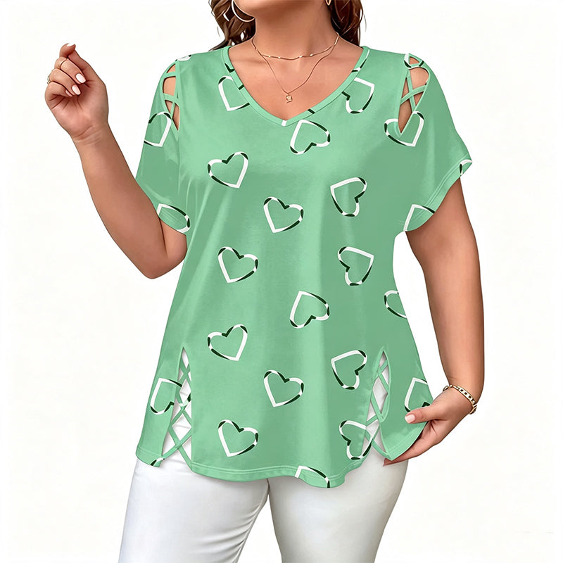 💖👚 -50% | T-Shirt Femme Grande Taille à Imprimé Cœur – Manches Courtes, Détails Découpés & Liens, Coupe Ample et Décontractée