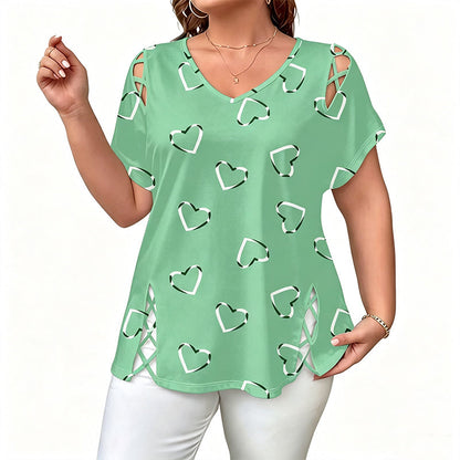 💖👚 -50% | T-Shirt Femme Grande Taille à Imprimé Cœur – Manches Courtes, Détails Découpés & Liens, Coupe Ample et Décontractée