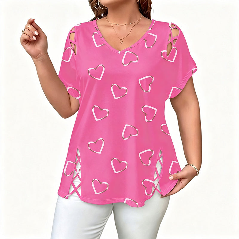 💖👚 -50% | T-Shirt Femme Grande Taille à Imprimé Cœur – Manches Courtes, Détails Découpés & Liens, Coupe Ample et Décontractée