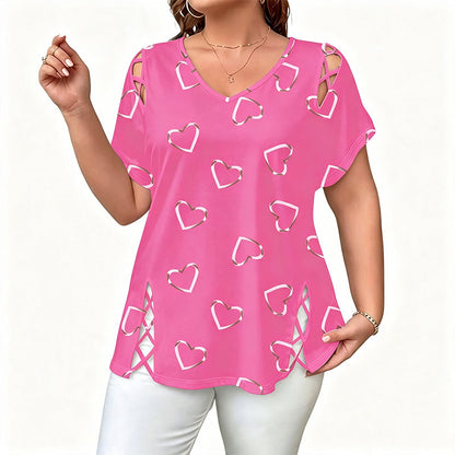 💖👚 -50% | T-Shirt Femme Grande Taille à Imprimé Cœur – Manches Courtes, Détails Découpés & Liens, Coupe Ample et Décontractée