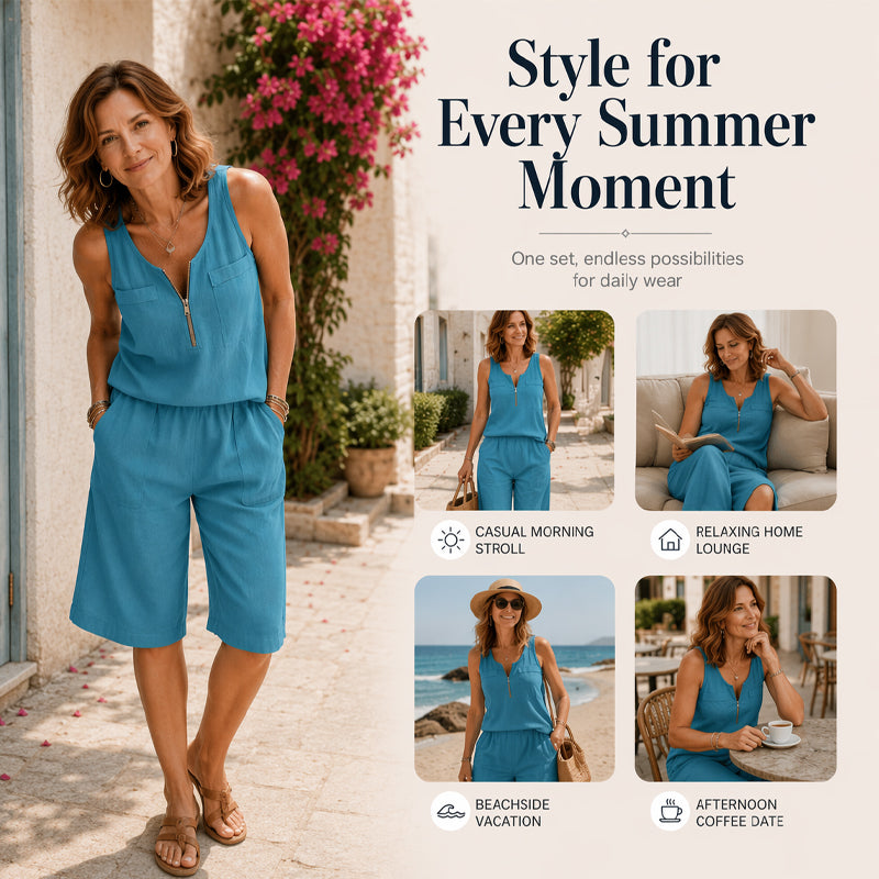 ⌛Offre à durée limitée – Ensemble femme composé d'un débardeur sans manches à demi-zip et d'un short
