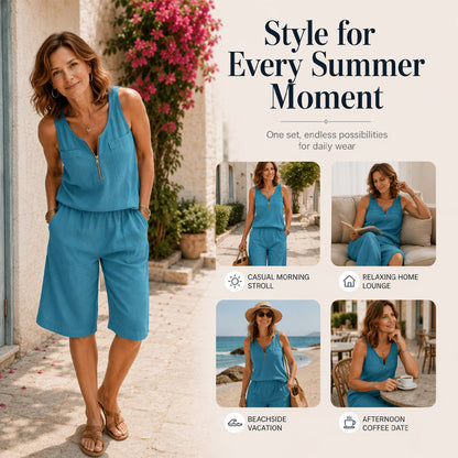 ⌛Offre à durée limitée – Ensemble femme composé d'un débardeur sans manches à demi-zip et d'un short