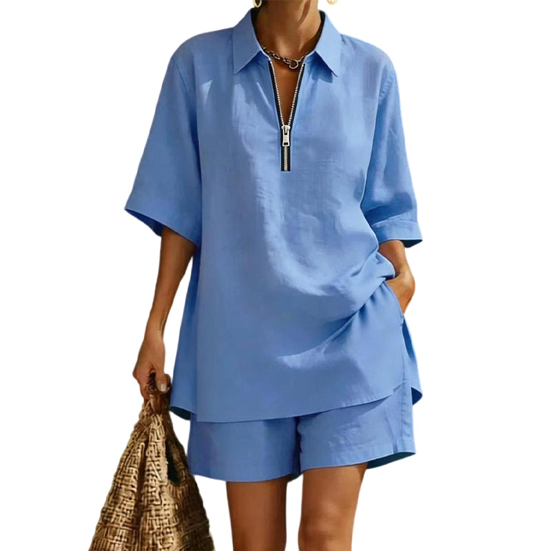⌛Offre à durée limitée – Ensemble décontracté deux pièces pour femme : haut à manches courtes et demi-zip et short