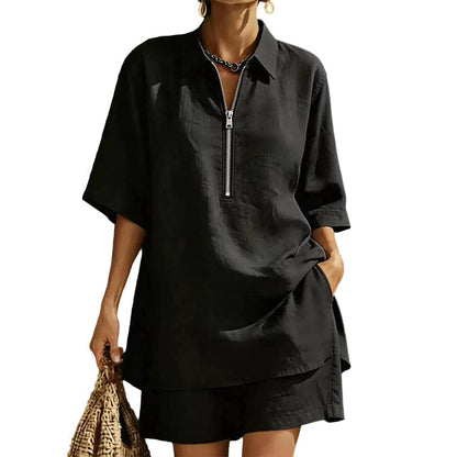 ⌛Offre à durée limitée – Ensemble décontracté deux pièces pour femme : haut à manches courtes et demi-zip et short