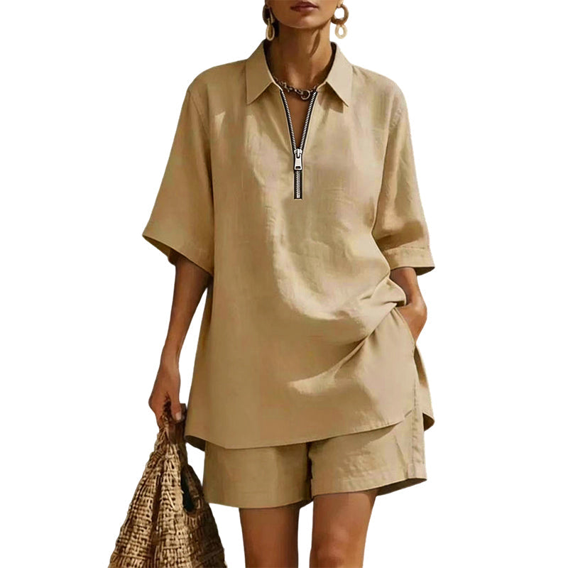 ⌛Offre à durée limitée – Ensemble décontracté deux pièces pour femme : haut à manches courtes et demi-zip et short