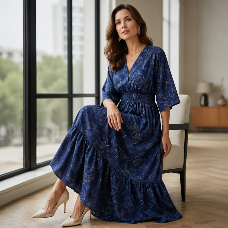 🌸 50% DE RÉDUCTION! 👗 Robe imprimée col V – Coupe fluide, motif élégant & silhouette flatteuse – Parfaite du quotidien aux occasions spéciales 💃