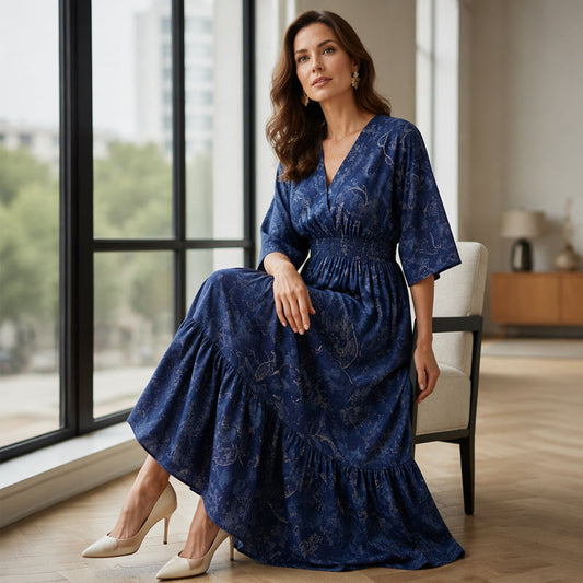 🌸 50% DE RÉDUCTION! 👗 Robe imprimée col V – Coupe fluide, motif élégant & silhouette flatteuse – Parfaite du quotidien aux occasions spéciales 💃