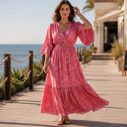 🌸 50% DE RÉDUCTION! 👗 Robe imprimée col V – Coupe fluide, motif élégant & silhouette flatteuse – Parfaite du quotidien aux occasions spéciales 💃