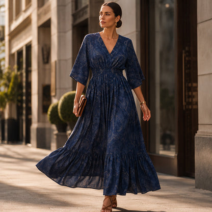 🌸 50% DE RÉDUCTION! 👗 Robe imprimée col V – Coupe fluide, motif élégant & silhouette flatteuse – Parfaite du quotidien aux occasions spéciales 💃