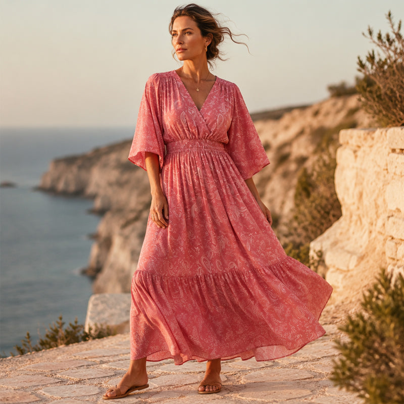 🌸 50% DE RÉDUCTION! 👗 Robe imprimée col V – Coupe fluide, motif élégant & silhouette flatteuse – Parfaite du quotidien aux occasions spéciales 💃