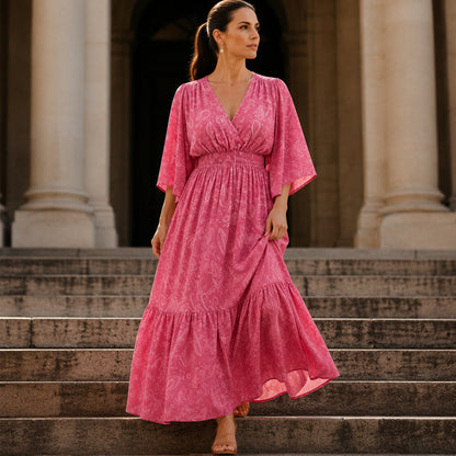 🌸 50% DE RÉDUCTION! 👗 Robe imprimée col V – Coupe fluide, motif élégant & silhouette flatteuse – Parfaite du quotidien aux occasions spéciales 💃