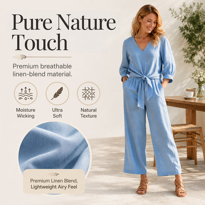 Ensemble composé d'un haut pour femme à encolure en V et cordon à nouer sur le devant, ainsi que d'un pantalon à jambes larges