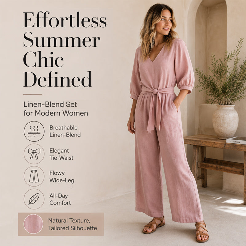 Ensemble composé d'un haut pour femme à encolure en V et cordon à nouer sur le devant, ainsi que d'un pantalon à jambes larges