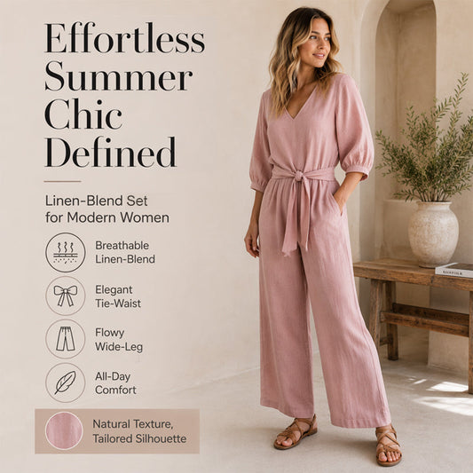 Ensemble composé d'un haut pour femme à encolure en V et cordon à nouer sur le devant, ainsi que d'un pantalon à jambes larges